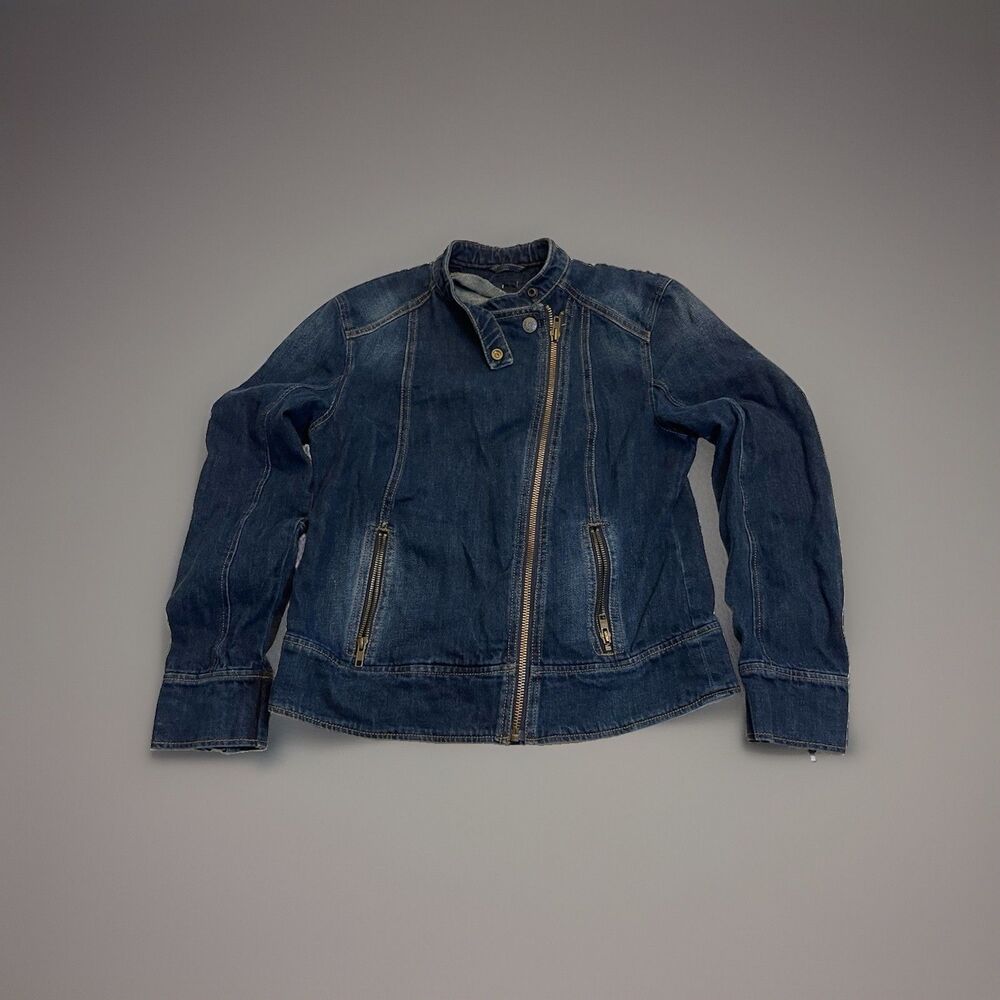 GAP 1969 Women's Denim Moto Biker Dark Blue Jacket Asymmetrical Zip Size Medium